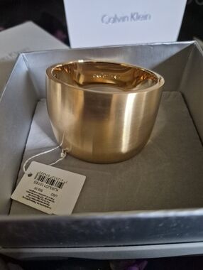 NIB Calvin Klein Brushed Gold Wide Dome Stainless Steel Hinged Cuff Bracelet 5.5